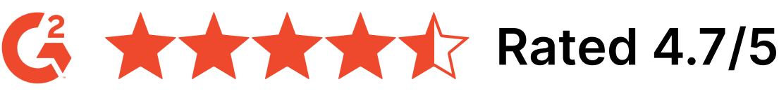 4.7 orange stars lined up in a row with the text G2 rated 4.7/5