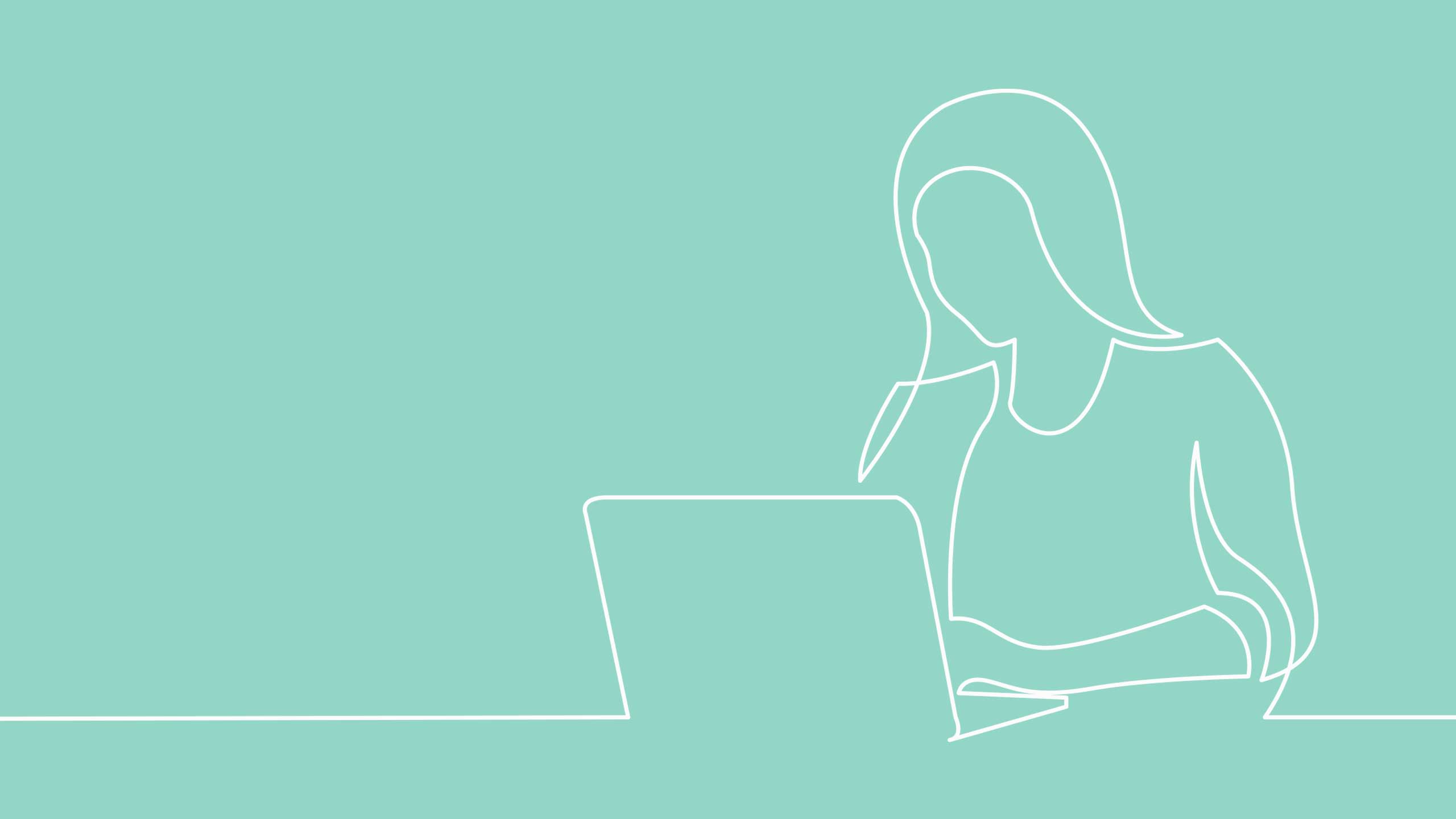 White sketched outline of a person with a laptop on a pale turquoise background